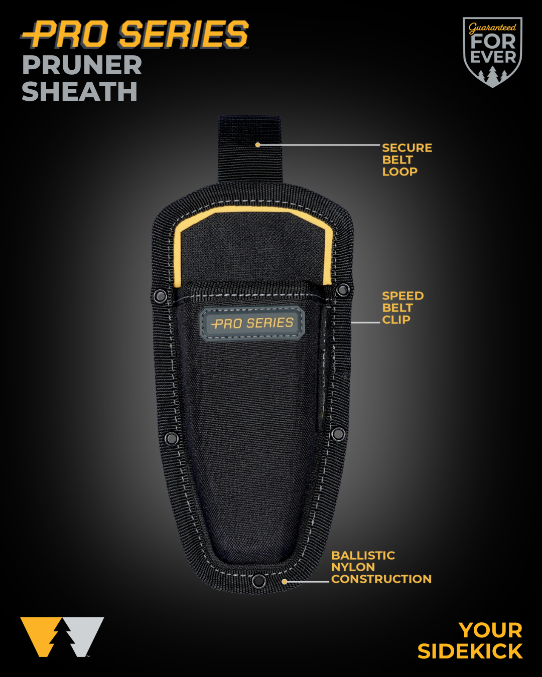 Pro Series Ballistic Nylon Tool Sheath with labeled features including secure belt loop, speed belt clip, and ballistic nylon construction